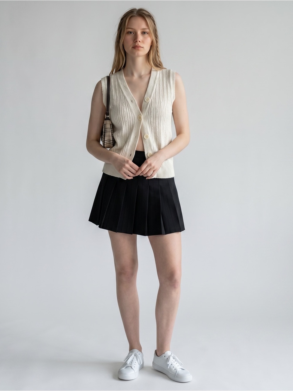Biba Cream Cotton Ribbed Knit Button-Up Sweater Vest Cropped Petite XS
